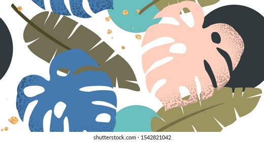 tropical print with abstraction elements, pattern with leaves in pastel colors