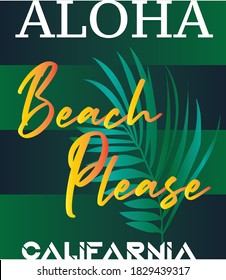 tropical print aloha text with tropic palm leaf