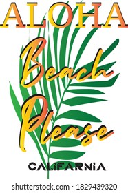 tropical print aloha text with tropic palm leaf