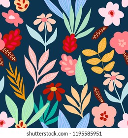 Tropical print with bright floral element. Seamless vector pattern with palm leaves, branches and retro style flowers inspired by 1960s design. Aloha textile collection. On dark blue background.