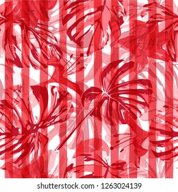 Tropical Print. Exotic Palm Greenery Backdrop. Seamless Illustration. Summer Design for Swimwear. Vector Tropical Seamless Print.