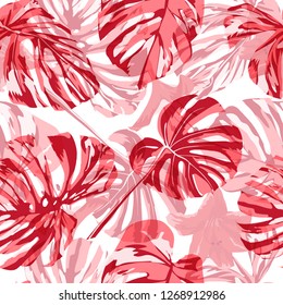 Tropical Print. Exotic Palm Greenery Backdrop. Summer Design for Swimwear. Repeating Illustration. Vector Tropical Seamless Print.
