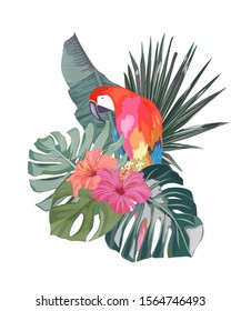  Tropical print with flamingo, hibiscus and palm leaves. Summer jungle pattern. For invitation, birthday, celebration, greeting card. Vector illustration 