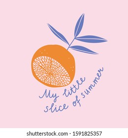 Tropical print with grapefruit in pop art colors with lettering - My little slice of summer. Fruit card. Vector bright citrus print for t-shirt. 