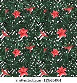 Tropical Print. Jungle Seamless Pattern. Vector Tropic Summer Motif with Hawaiian Flowers. Swimwear Design. Summer Hawaiian Pattern. 
Aloha Fabric Repeated Print. 
 
