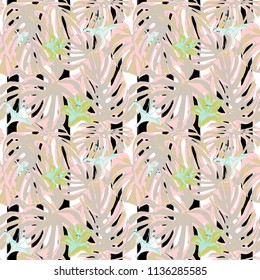 Tropical Print. Jungle Seamless Pattern. Vector Tropic Summer Motif with Hawaiian Flowers. Swimwear Design. Summer Hawaiian Pattern. 
Aloha Fabric Repeated Print. 
 
