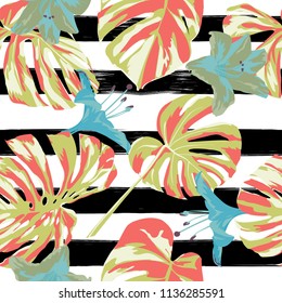 Tropical Print. Jungle Seamless Pattern. Vector Illustration of Tropical Leaves and Flowers. Background Texture, Wrapping Paper, Textile, Fabric or Wallpaper. 
