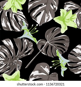 Tropical Print. Jungle Seamless Pattern. Vector Illustration of Tropical Leaves and Flowers. Swimwear Design. Summer Hawaiian Pattern. 
Aloha Fabric Repeated Print. 
 
