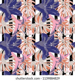 Tropical Print. Jungle Seamless Pattern. Vector Illustration of Tropical Leaves and Flowers. Interior Design
Swimwear Design. 
 
