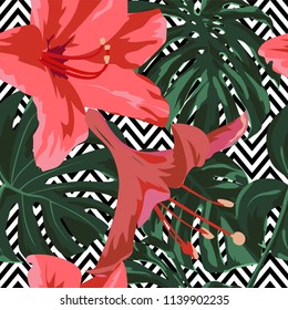 Tropical Print. Jungle Seamless Pattern. Vector Illustration of Tropical Leaves and Flowers. Swimwear Design. Summer Hawaiian Pattern. 
Aloha Fabric Repeated Print. 
 
