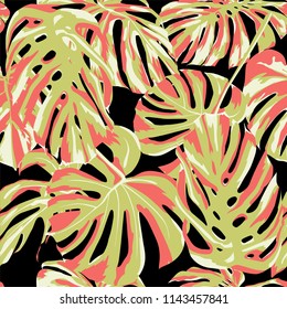 Tropical Print. Jungle Seamless Pattern. Vector Tropic Summer Motif with Hawaiian Flowers. Swimwear Design. Summer Hawaiian Pattern. 
Aloha Fabric Repeated Print. 
 
