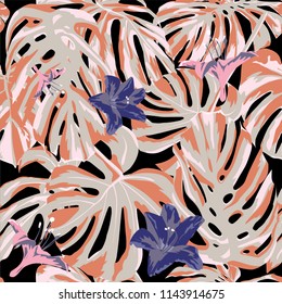 Tropical Print. Jungle Seamless Pattern. Vector Illustration of Tropical Leaves and Flowers. Swimwear Design. Summer Hawaiian Pattern. 
Aloha Fabric Repeated Print. 
 
