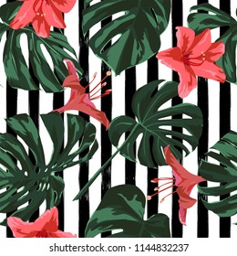 Tropical Print. Jungle Seamless Pattern. Vector Illustration of Tropical Leaves and Flowers. Swimwear Design. Summer Hawaiian Pattern. 
Aloha Fabric Repeated Print. 
 
