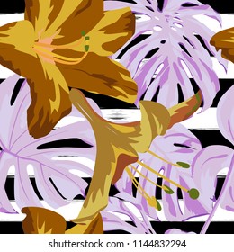 Tropical Print. Jungle Seamless Pattern. Vector Tropic Summer Motif with Hawaiian Flowers. Background Texture, Wrapping Paper, Textile, Fabric or Wallpaper. 
