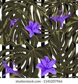 Tropical Print. Jungle Seamless Pattern. Vector Tropic Summer Motif with Hawaiian Flowers. Background Texture, Wrapping Paper, Textile, Fabric or Wallpaper. 
