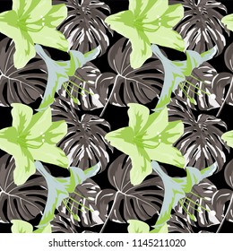 Tropical Print. Jungle Seamless Pattern. Vector Illustration of Tropical Leaves and Flowers. Interior Design
Swimwear Design. 
 

