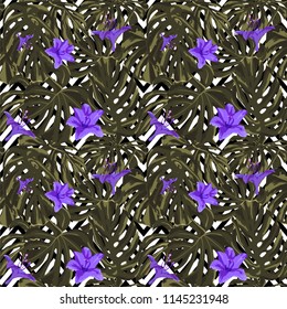 Tropical Print. Jungle Seamless Pattern. Vector Tropic Summer Motif with Hawaiian Flowers. Swimwear Design. Summer Hawaiian Pattern. 
Aloha Fabric Repeated Print. 
 
