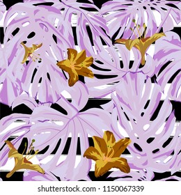 Tropical Print. Jungle Seamless Pattern. Vector Illustration of Tropical Leaves and Flowers. Swimwear Design. Summer Hawaiian Pattern. 
Aloha Fabric Repeated Print. 
 
