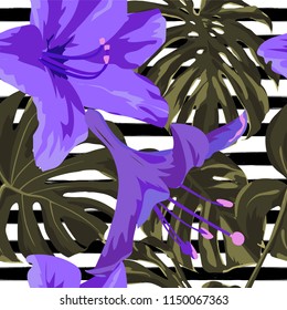 Tropical Print. Jungle Seamless Pattern. Vector Tropic Summer Motif with Hawaiian Flowers. Interior Design
Swimwear Design. 
 
