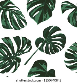 Tropical Print. Jungle Seamless Pattern. Vector Illustration of Tropical Leaves and Flowers. Swimwear Design. Summer Hawaiian Pattern. 
Aloha Fabric Repeated Print. 
 
