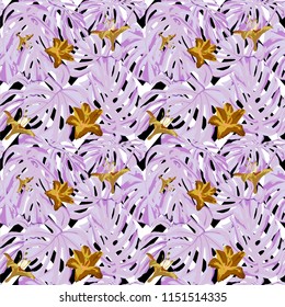 Tropical Print. Jungle Seamless Pattern. Vector Tropic Summer Motif with Hawaiian Flowers. Interior Design
Swimwear Design. 
 

