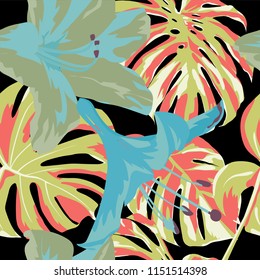 Tropical Print. Jungle Seamless Pattern. Vector Tropic Summer Motif with Hawaiian Flowers. Interior Design
Swimwear Design. 
 
