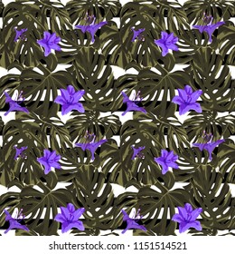 Tropical Print. Jungle Seamless Pattern. Vector Illustration of Tropical Leaves and Flowers. Interior Design
Swimwear Design. 
 
