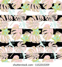 Tropical Print. Jungle Seamless Pattern. Vector Illustration of Tropical Leaves and Flowers. Swimwear Design. Summer Hawaiian Pattern. 
Aloha Fabric Repeated Print. 
 

