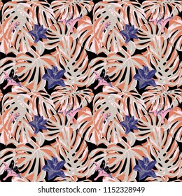 Tropical Print. Jungle Seamless Pattern. Vector Tropic Summer Motif with Hawaiian Flowers. Swimwear Design. Summer Hawaiian Pattern. 
Aloha Fabric Repeated Print. 
 
