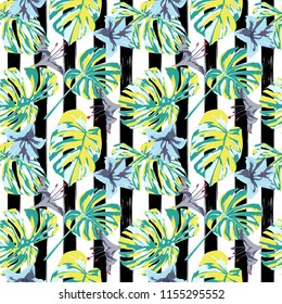 Tropical Print. Jungle Seamless Pattern. Vector Illustration of Tropical Leaves and Flowers. Background Texture, Wrapping Paper, Textile, Fabric or Wallpaper. 
