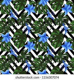Tropical Print. Jungle Seamless Pattern. Vector Tropic Summer Motif with Hawaiian Flowers. Background Texture, Wrapping Paper, Textile, Fabric or Wallpaper. 
