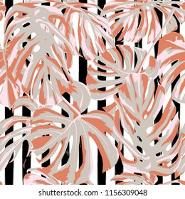 Tropical Print. Jungle Seamless Pattern. Vector Illustration of Tropical Leaves and Flowers. Swimwear Design. Summer Hawaiian Pattern. 
Aloha Fabric Repeated Print. 
 
