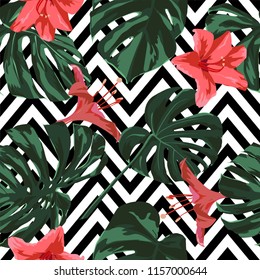 Tropical Print. Jungle Seamless Pattern. Vector Illustration of Tropical Leaves and Flowers. Interior Design Swimwear Design. 