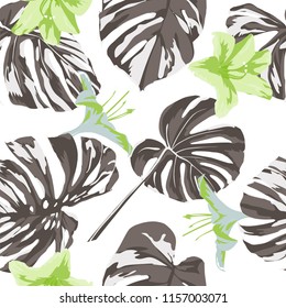 Tropical Print. Jungle Seamless Pattern. Vector Illustration of Tropical Leaves and Flowers. Swimwear Design. Summer Hawaiian Pattern. 
Aloha Fabric Repeated Print. 
 
