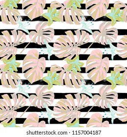 Tropical Print. Jungle Seamless Pattern. Vector Illustration of Tropical Leaves and Flowers. Swimwear Design. Summer Hawaiian Pattern. 
Aloha Fabric Repeated Print. 
 
