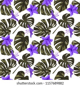 Tropical Print. Jungle Seamless Pattern. Vector Illustration of Tropical Leaves and Flowers. Background Texture, Wrapping Paper, Textile, Fabric or Wallpaper. 

