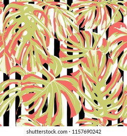 Tropical Print. Jungle Seamless Pattern. Vector Illustration of Tropical Leaves and Flowers. Interior Design
Swimwear Design. 
 
