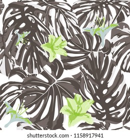 Tropical Print. Jungle Seamless Pattern. Vector Tropic Summer Motif with Hawaiian Flowers. Swimwear Design. Summer Hawaiian Pattern. 
Aloha Fabric Repeated Print. 
 
