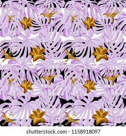 Tropical Print. Jungle Seamless Pattern. Vector Tropic Summer Motif with Hawaiian Flowers. Background Texture, Wrapping Paper, Textile, Fabric or Wallpaper. 
