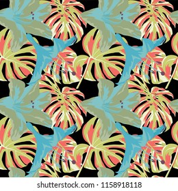 Tropical Print. Jungle Seamless Pattern. Vector Tropic Summer Motif with Hawaiian Flowers. Interior Design
Swimwear Design. 
 
