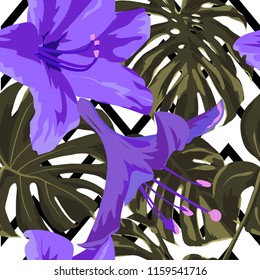 Tropical Print. Jungle Seamless Pattern. Vector Tropic Summer Motif with Hawaiian Flowers. Background Texture, Wrapping Paper, Textile, Fabric or Wallpaper. 

