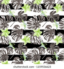 Tropical Print. Jungle Seamless Pattern. Vector Illustration of Tropical Leaves and Flowers. Interior Design
Swimwear Design. 
 
