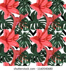 Tropical Print. Jungle Seamless Pattern. Vector Tropic Summer Motif with Hawaiian Flowers. Background Texture, Wrapping Paper, Textile, Fabric or Wallpaper. 
