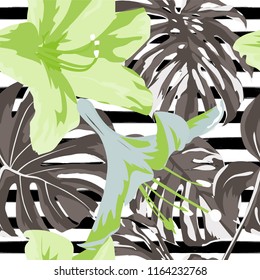 Tropical Print. Jungle Seamless Pattern. Vector Illustration of Tropical Leaves and Flowers. Interior Design
Swimwear Design. 
 
