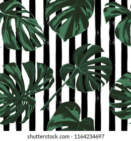 Tropical Print. Jungle Seamless Pattern. Vector Illustration of Tropical Leaves and Flowers. Interior Design
Swimwear Design. 
 
