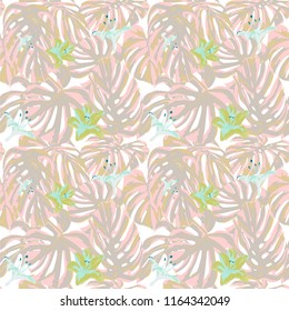 Tropical Print. Jungle Seamless Pattern. Vector Illustration of Tropical Leaves and Flowers. Swimwear Design. Summer Hawaiian Pattern. 
Aloha Fabric Repeated Print. 
 
