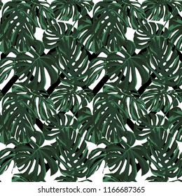 Tropical Print. Jungle Seamless Pattern. Vector Illustration of Tropical Leaves and Flowers. Swimwear Design. Summer Hawaiian Pattern. 
Aloha Fabric Repeated Print. 
 
