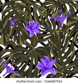 Tropical Print. Jungle Seamless Pattern. Vector Illustration of Tropical Leaves and Flowers. Interior Design
Swimwear Design. 
 
