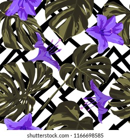 Tropical Print. Jungle Seamless Pattern. Vector Tropic Summer Motif with Hawaiian Flowers. Swimwear Design. Summer Hawaiian Pattern. 
Aloha Fabric Repeated Print. 
 
