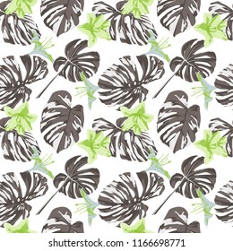 Tropical Print. Jungle Seamless Pattern. Vector Tropic Summer Motif with Hawaiian Flowers. Background Texture, Wrapping Paper, Textile, Fabric or Wallpaper. 
